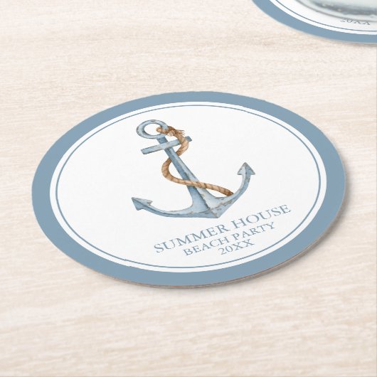  blauw anker met touw gepersonaliseerd ronde kartonnen onderzetter (Gebogen)