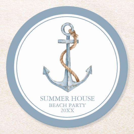  blauw anker met touw gepersonaliseerd ronde kartonnen onderzetter (Voorkant)