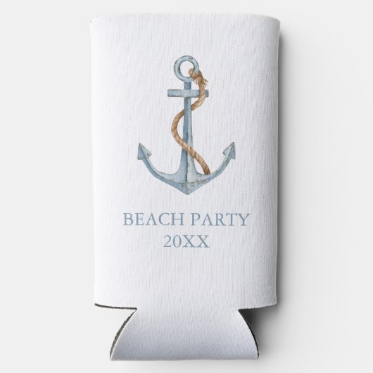 blauw anker met touw gepersonaliseerd seltzer blikjeskoeler (Achterkant)