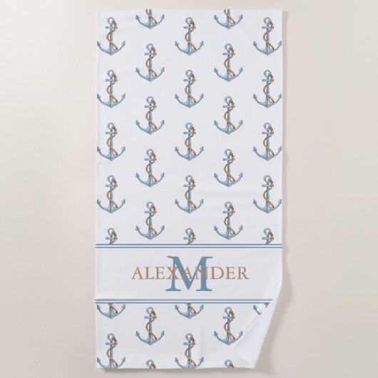 blauw anker met touw monogram strandlaken (Voorkant)