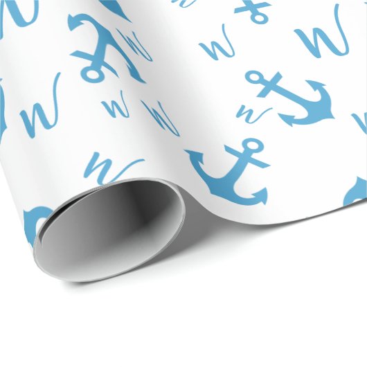 Blauw Anker & Monogram Cadeaupapier (Rol Hoek)