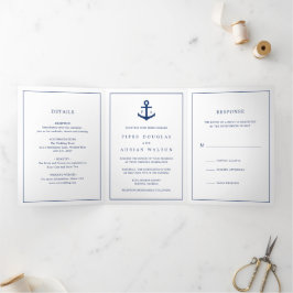 Blauw Anker Monogram Nautilus Elegante Trouwdag Drieluik Uitnodiging