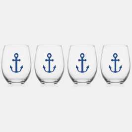 Blauw Anker Nautisch Ontwerp Wijnglas Zonder Voet