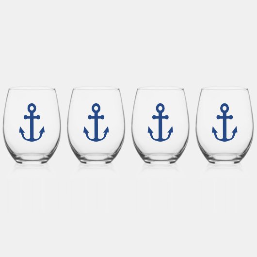 Blauw Anker Nautisch Ontwerp Wijnglas Zonder Voet (Voorkant)