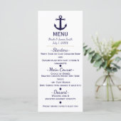 Blauw anker nautisch strand bruiloft menu kaart (Staand voorkant)