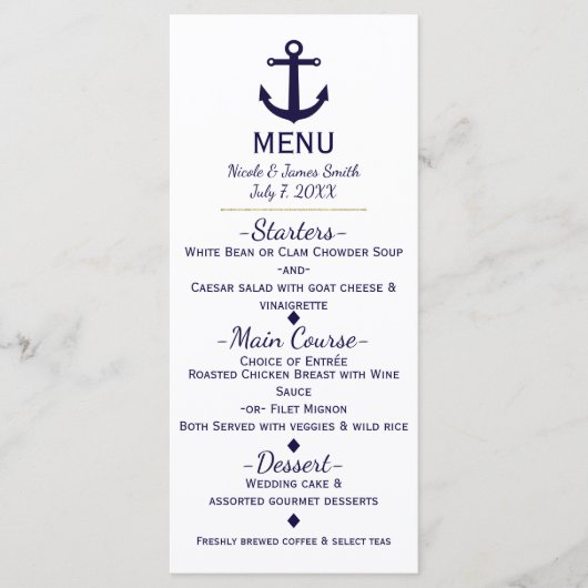 Blauw anker nautisch strand bruiloft menu kaart (Voorkant)
