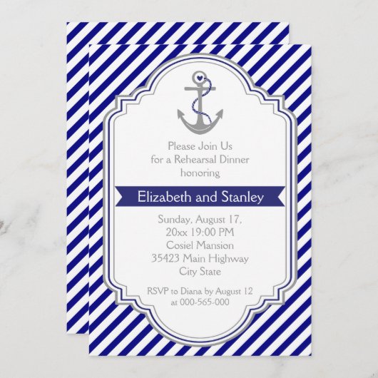 Blauw anker nautische bruiloft repetitie diner kaart (Voorkant / Achterkant)