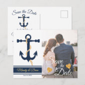 Blauw anker- nautische save the date briefkaart (Voorkant / Achterkant)