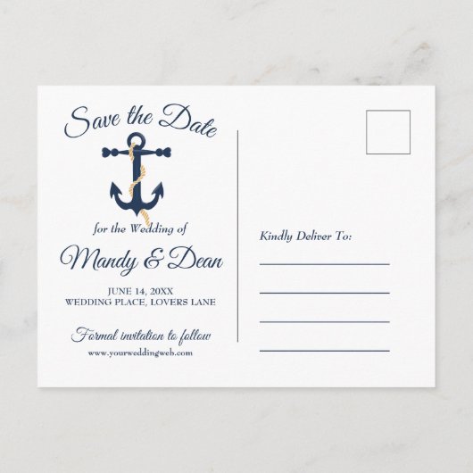 Blauw anker- nautische save the date briefkaart (Achterkant)