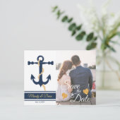 Blauw anker- nautische save the date briefkaart (Staand voorkant)