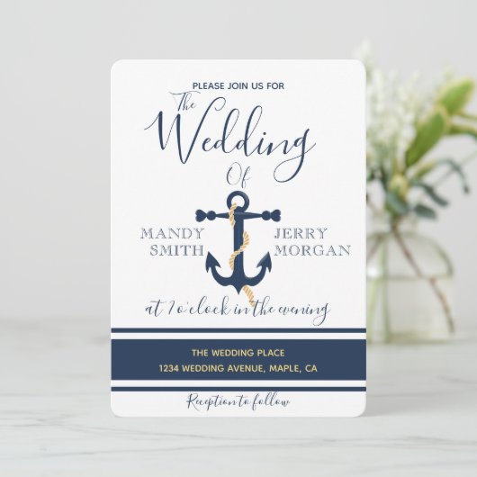 Blauw anker- nautische trouwuitnodiging kaart (Staand voorkant)
