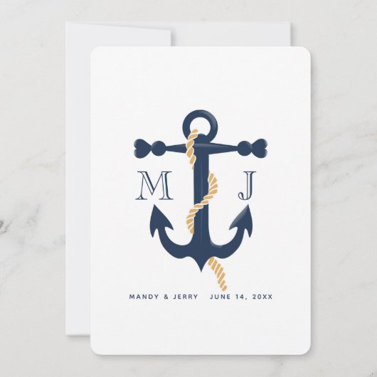 Blauw anker- nautische trouwuitnodiging kaart (Achterkant)