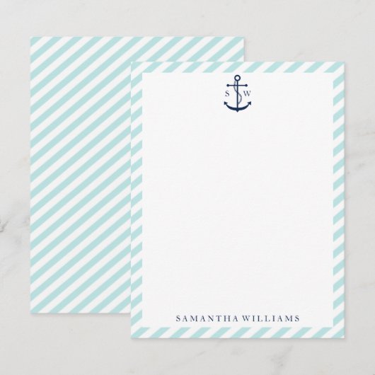 Blauw anker op mint Stripes Notitiekaartje (Voorkant / Achterkant)