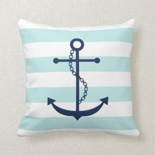 Blauw Anker op Mint Stripes Patroon Kussen