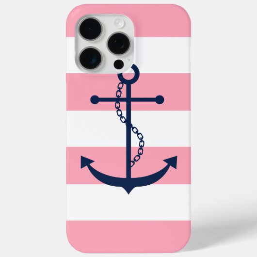 Blauw Anker op Roze Strepen Nautisch Thema Case-Mate iPhone Case (Achterkant)