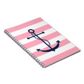 Blauw anker op roze strips patroon notitieboek (Rechterzijde)