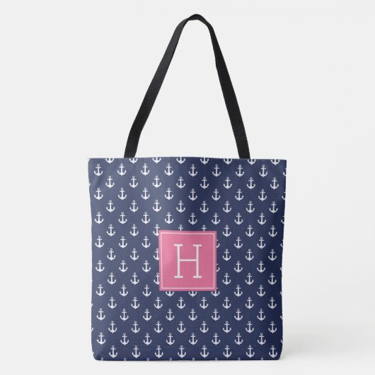 Blauw anker patroon en roze monogram tote bag (Voorkant)