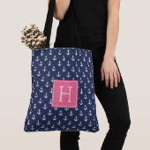 Blauw anker patroon en roze monogram tote bag (Dichtbij)