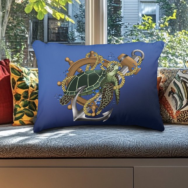 Blauw anker scheepswiel zeeschildpad Nautical Accent Kussen (Creator heeft geüpload)