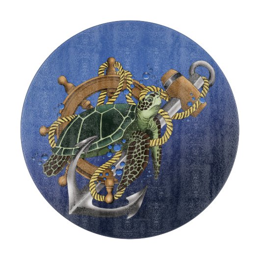 Blauw anker scheepswiel zeeschildpad Nautical Snijplank (Voorkant)