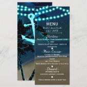 Blauw anker strand slingerlichten bruiloft menu (Voorkant / Achterkant)