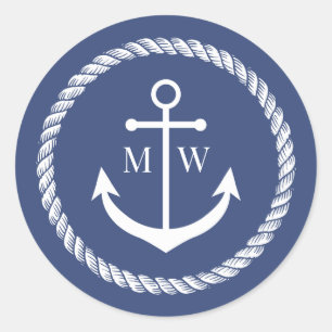 Blauw anker & touw monogram ronde sticker