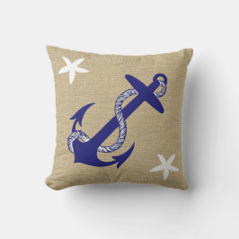 Blauw Anker & White Starfish Nautical "Burlap" Buitenkussen