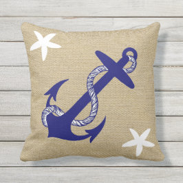 Blauw Anker & White Starfish Nautical "Burlap" Buitenkussen
