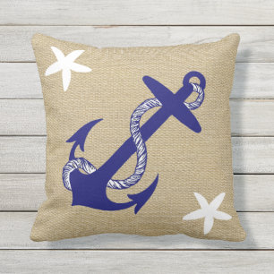 Blauw Anker & White Starfish Nautical "Burlap" Buitenkussen