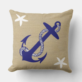 Blauw Anker & White Starfish Nautical "Burlap" Buitenkussen