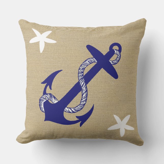 Blauw Anker & White Starfish Nautical "Burlap" Buitenkussen (Voorkant)