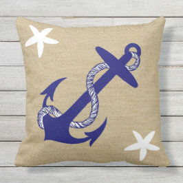 Blauw Anker & White Starfish Nautical "Burlap" Buitenkussen