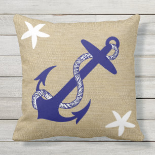 Blauw Anker & White Starfish Nautical "Burlap" Buitenkussen
