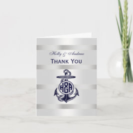 Blauw Anker Zilver Wit Marine Cirkel Monogram 33 Bedankkaart