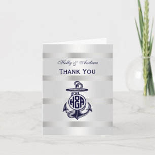 Blauw Anker Zilver Wit Marine Cirkel Monogram 33 Bedankkaart
