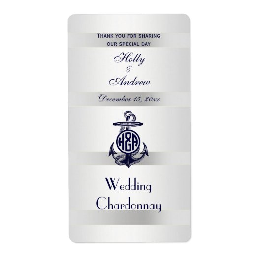 Blauw Anker Zilver Wit Marine Cirkel Monogram 33 Etiket (Voorkant)