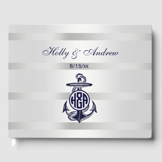 Blauw Anker Zilver Wit Marine Cirkel Monogram 33 Gastenboek (Voorkant)