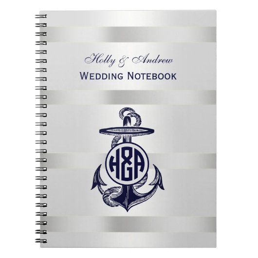 Blauw Anker Zilver Wit Marine Cirkel Monogram 33 Notitieboek (Voorkant)