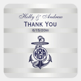 Blauw Anker Zilver Wit Marine Cirkel Monogram 33 Vierkante Sticker