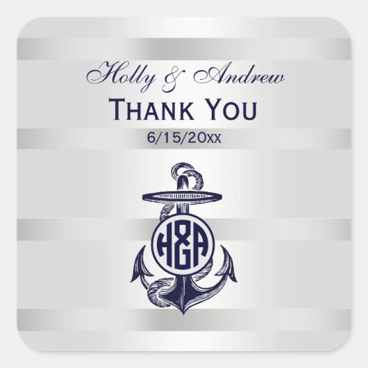 Blauw Anker Zilver Wit Marine Cirkel Monogram 33 Vierkante Sticker (Voorkant)