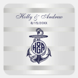 Blauw Anker Zilver Wit Marine Cirkel Monogram 33 Vierkante Sticker