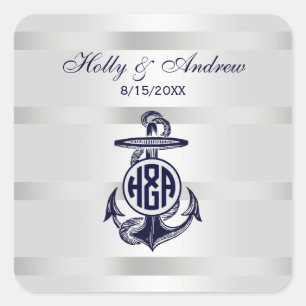 Blauw Anker Zilver Wit Marine Cirkel Monogram 33 Vierkante Sticker