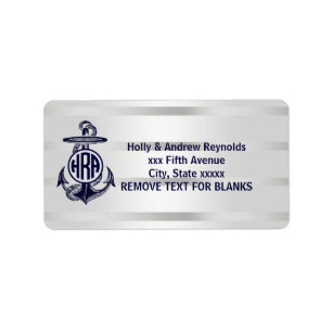 Blauw Anker Zilver Wit Marineblauw Cirkel Monogram Etiket