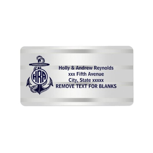 Blauw Anker Zilver Wit Marineblauw Cirkel Monogram Etiket (Voorkant)