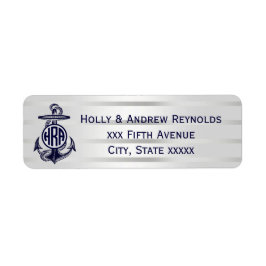 Blauw Anker Zilver Wit Marineblauw Cirkel Monogram Etiket