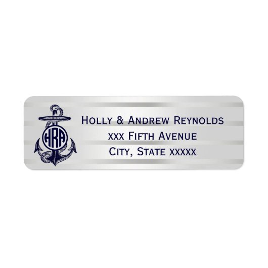 Blauw Anker Zilver Wit Marineblauw Cirkel Monogram Etiket (Voorkant)