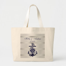 Blauw Anker Zilver Wit Marineblauw Cirkel Monogram Grote Tote Bag