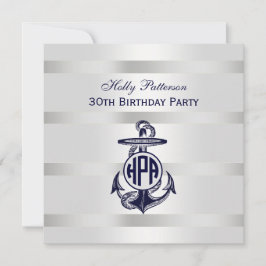 Blauw Anker Zilver Wit Marineblauw Cirkel Monogram Kaart