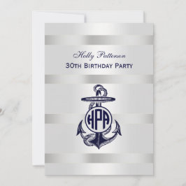 Blauw Anker Zilver Wit Marineblauw Cirkel Monogram Kaart