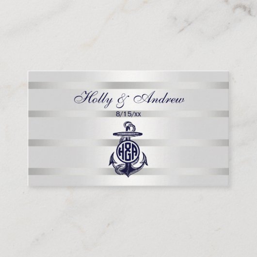 Blauw Anker Zilver Wit Marineblauw Cirkel Monogram Plaatskaartje (Voorkant)